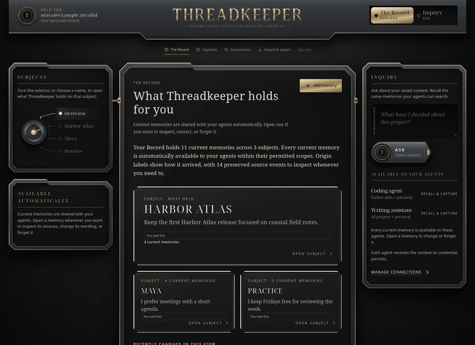 Threadkeeper Record showing subjects, current memories, source labels, and Inquiry for an example profile